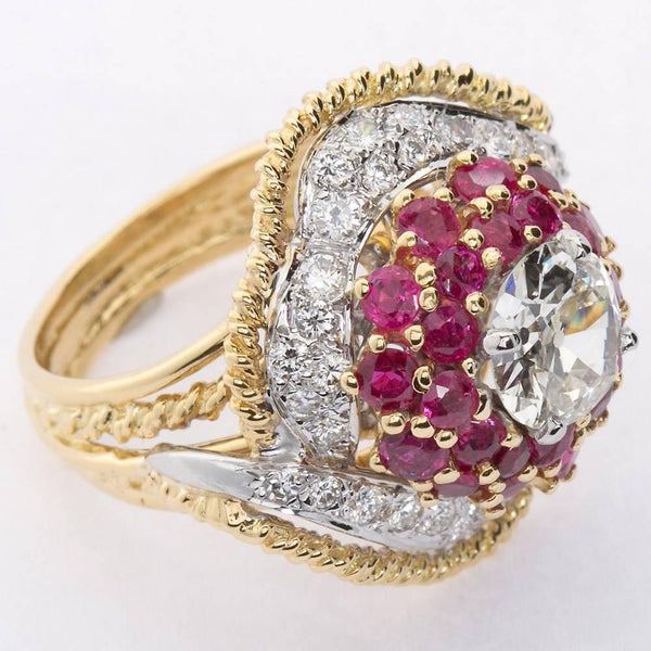 1.60 Carat 1960s Old European Cut Diamond Ruby Gold Cocktail Ring I co ...